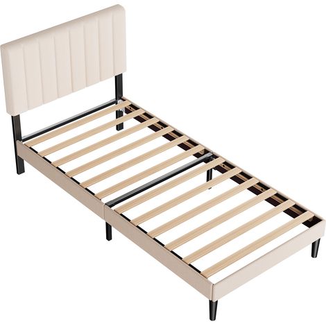 Cadre de lit adulte 90×200 cm, lit simple avec tête de lit rembourrée réglable, 12 sommier lattes en bois massif, rangement sous le lit de 17 cm, beige