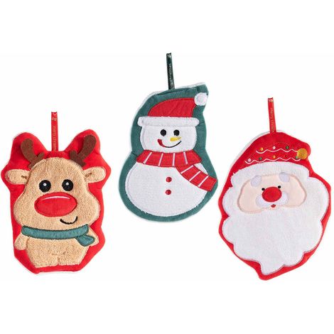 Asciugamano di Natale in spugna sagomato a renna, pupazzo di neve e Babbo Natale con cordino per appendere, set da 6 pezzi, cm 19 x 25 H