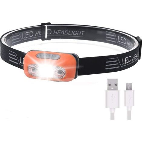 Lampe frontale à capteur LED super lumineuse, légère, étanche, batterie rechargeable USB, 5 modes pour course à pied, vélo, pêche, camping, randonnée et enfants (B6 orange)
