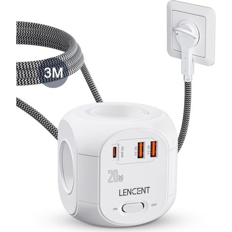 Cube rallonge multiprise Fiche Plate PD 20W 3M 4 Prises AC 2 USB (1/5)
