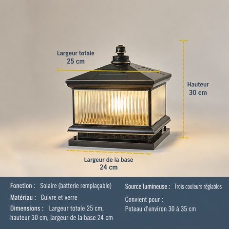 Lampe de pilier extérieur solaire en cuivre noir brossé or 25 cm 25cm réf 5991 3,5 kg – Livraison gratuite