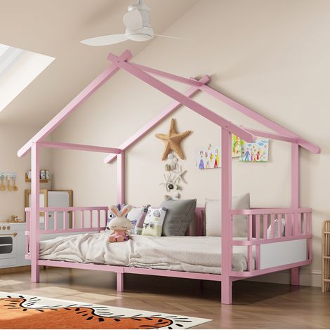 DESVIAE Lit cabane enfant en métal rose 90 x 200 cm avec barrière de sécurité et toit décoratif (1/5)