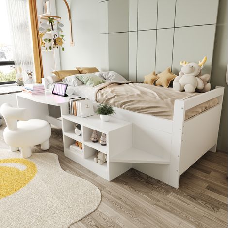 MEUBLIV Lit 90x200 cm blanc – avec bureau, rangements et prises USB, sans matelas (1/5)