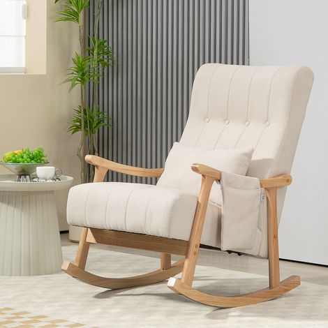 Fauteuil à bascule avec coussin lombaire, assise large, structure en hévéa, jusqu'à 120 kg, beige (1/5)