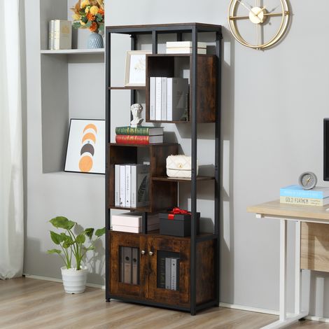 Mobile Libreria Scaffale in Stile Industriale con Armadietto a 2 Ante, Scaffale Salvaspazio a 8 Ripiani per Casa e Ufficio, 70x30x180cm, Marrone