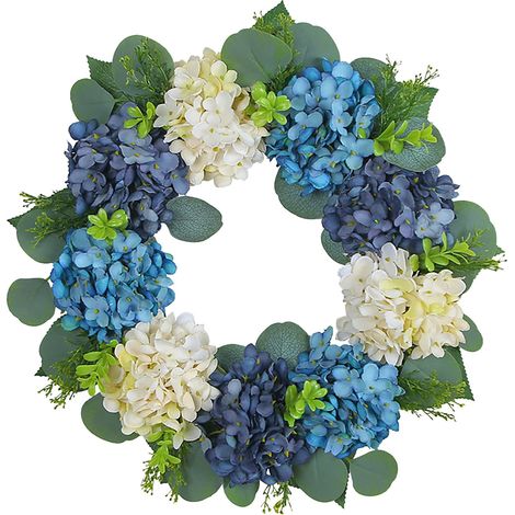 Couronne Artificielle - Hortensia - 40 cm - Bleu Blanc - Pour Porte D'Entrée Cheminée Mur Intérieur Extérieur - 1 Pièce (1/5)