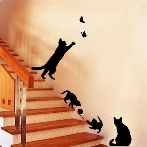 Stickers Muraux - Chat Jouant - Noir - Décoration Chambre Enfant - 58x20CM (1/4)