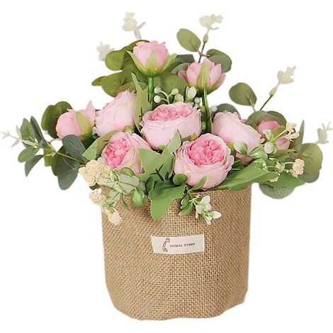 [Suspension murale en lin avec pivoines et eucalyptus - Rose] Sac suspendu en lin avec pivoines et roses artificielles, idéal pour la décoration florale de mariage et d'intérieur. Composition florale  (1/2)