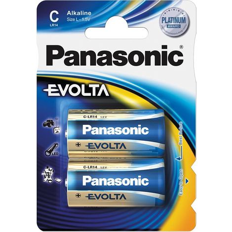 Blister da 2 pile alcaline 1,5V Panasonic "Evolta" - mezza torcia, C, LR14, MN1400 (1/2)