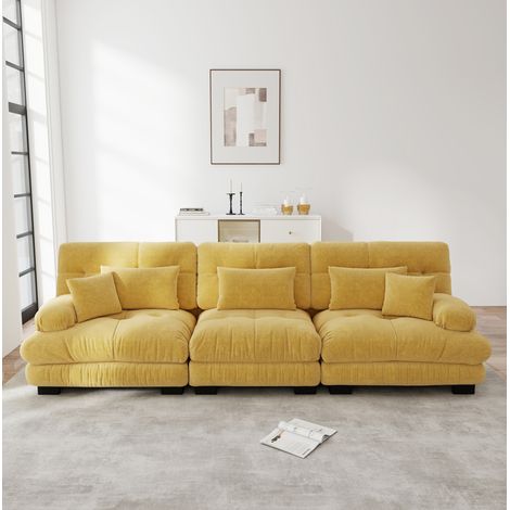Canapé modulable 3 places en chenille jaune avec assise profonde OKWISH (1/5)