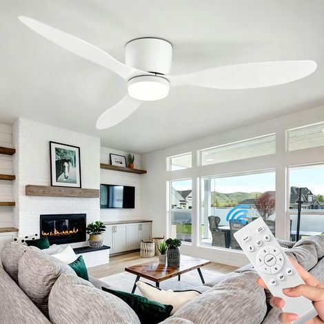 Ventilateur de plafond LED 132 cm encastré à profil bas, moteur réversible silencieux, télécommande incluse, adapté aux grands espaces intérieurs, blanc