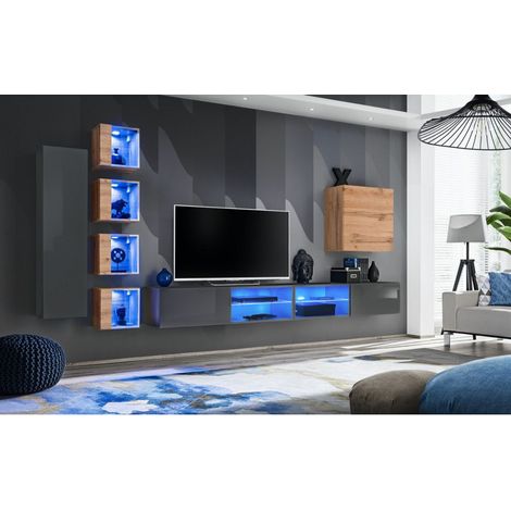 Ensemble meuble TV mural Switch XXVI - L 320 x P 40 x H 150 cm - Marron et gris - Livraison gratuite