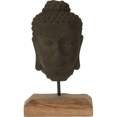 Décoration tête bouddha en bois teck et ciment noir naturel - Noir effet pierre et bois naturel (1/2)