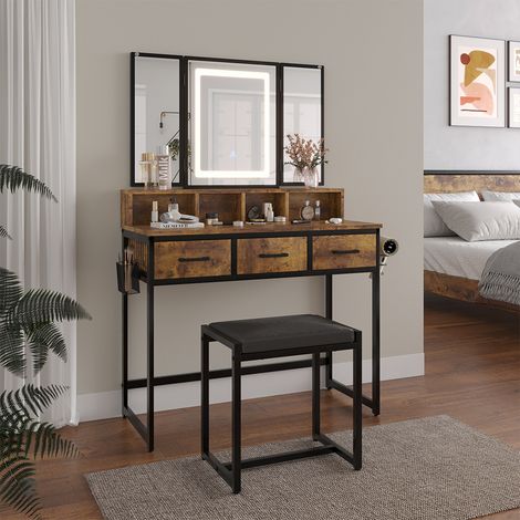 Tavolo da toilette Fyrk, Rovere rustico, 90 cm con sgabello e specchio LED, Vicco