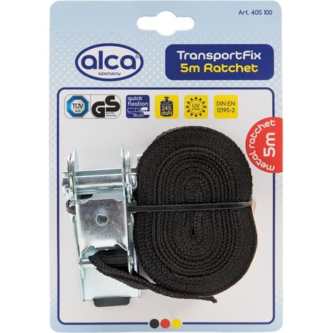alca® Spanngurt 1 x 5 m mit Ratsche 245 daN schwarz verstellbar mit Ratschenspanner Spanngurt Zurrgurt Ratschengurt zertifiziert nach DIN EN 12195-2