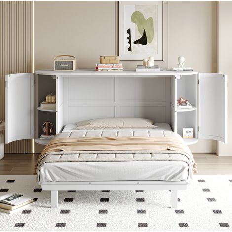 Cama abatible 140x200 cm, madera blanca, diseño ratán, con compartimentos laterales (1/5)
