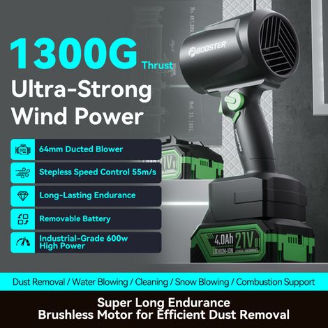Souffleur d'air puissant BOOSTER TF64C 50 000 tr/min, ventilateur turbo, poussée de 1 300 g, souffleur portable sans fil pour nettoyer les feuilles, la neige et le sable, avec batterie 21 V 4 000 mAh (1/5)