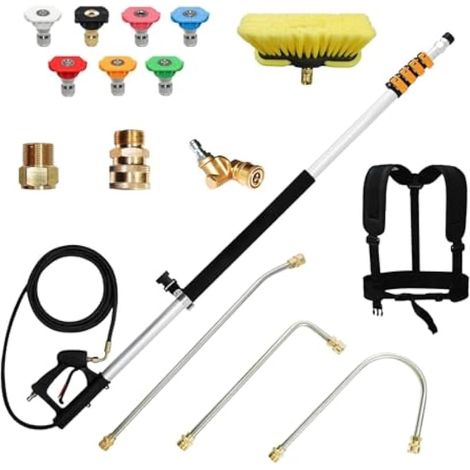Kit d'extension télescopique pour nettoyeur haute pression, 7 embouts de pulvérisation, tête de brosse, nettoyeur de gouttière, 2 adaptateurs de tuyau et ceinture de soutien (1/5)