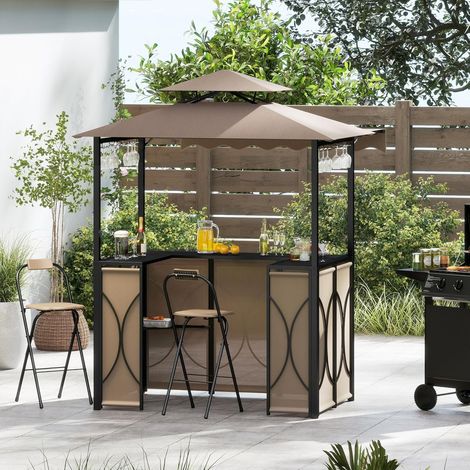 4 Pcs Ensemble Salon de Bar, Abri Barbecue Jardin Exterieur avec Auvent Latéral, Table de Bar, 2 Tabourets Pliants, Crochet et 4 Rangées Porte-Verres (CaféAuventChaises) (1/5)