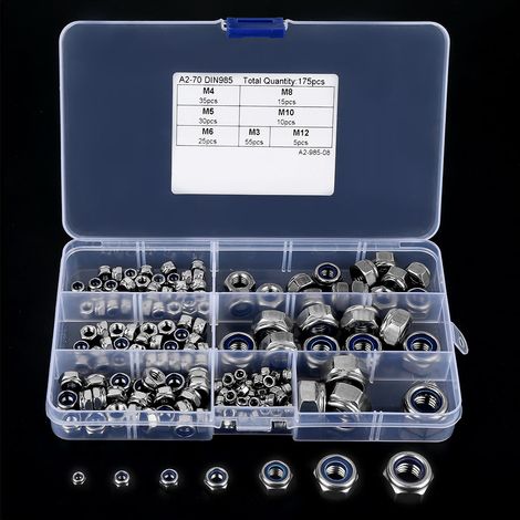 Kit 175 Écrous Hexagonaux en Acier Inoxydable M3 M4 M5 M6 M8 M10 M12 Assortiment Vis Écrous (1/5)