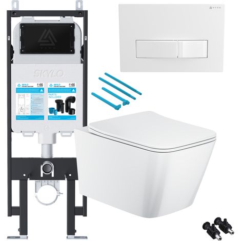 Gloss White Rimless Square Wall Hung Toilet with 1.14m Concealed Cistern Frame Set - White Plate (1/4)