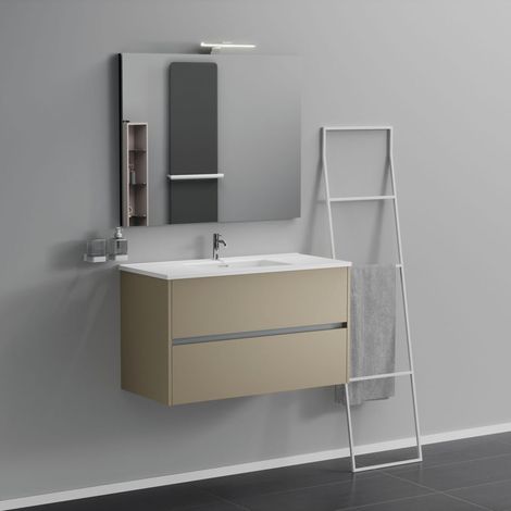 Inda - Badezimmerschrank 2 Schubladen L.100 mit Waschbecken, Spiegel und Lampe - Terra di Luna matt