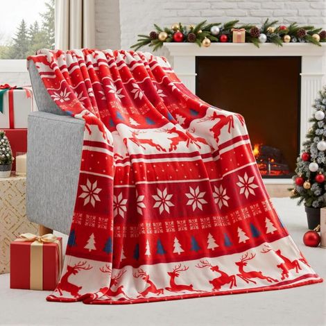 1 Stück (200 x 200 cm) rote Fair Isle Weihnachtsdecke, weiche Flanelldecke, warme flauschige Sofadecke, Weihnachtsgeschenk
