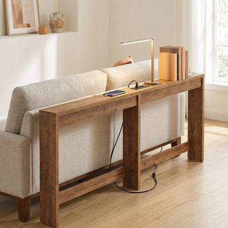 Table Console d'Entrée avec Prises, Console Fine derrière Canapé, Meuble Couloir, 200 x 15 x 80 cm, Taupe