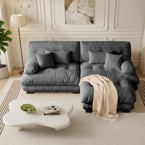 Canapé d’angle Cloud – 2 places en chenille grise, 2 coussins lombaires, 2 oreillers décoratifs – Élégance grise pour votre salon (1/5)