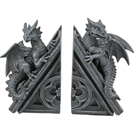 Design Toscano Decorazione in stile gotico Il Castello del Drago Statuette decorative reggilibri, poliresina, pietra grigia, 20,25 cm, confezione da due (1/5)