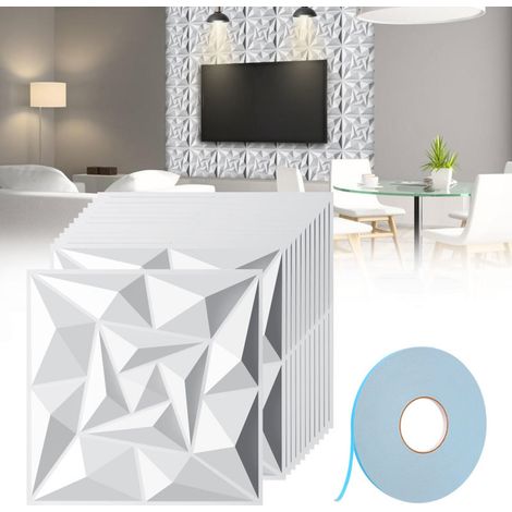 Pannello murale 3D da dipingere - confezione da 1,08 m² - lotto di 12 pezzi - 0,3x0,3 m - Bianco - Con nastro biadesivo (1/4)