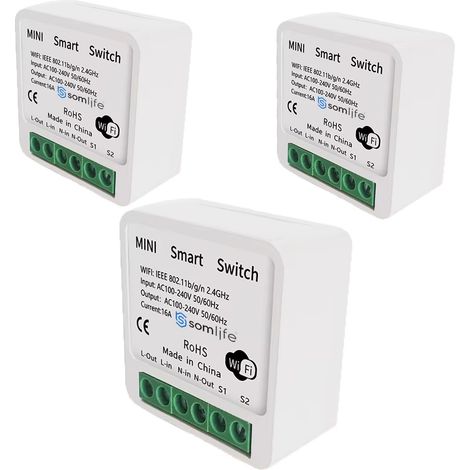 Lot 3 Interrupteurs intelligent SomLife  WiFi 16A MiniSmart Switch Wi-Fi connecté,application Tuya/SmartLife,Alexa,Google Home