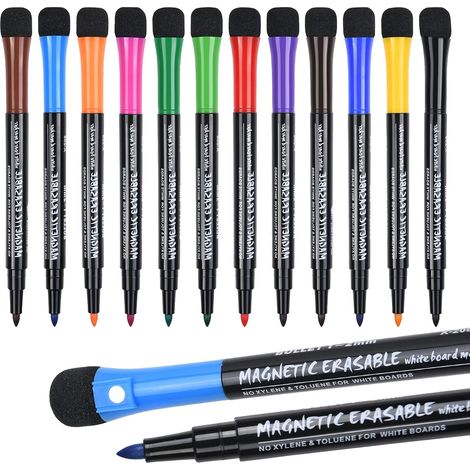 Rotuladores borrables, rotuladores para pizarra blanca, rotuladores de borrado en seco para pizarras blancas, perfectos para usar en casa, la oficina o la escuela – 12 colores (1/5)