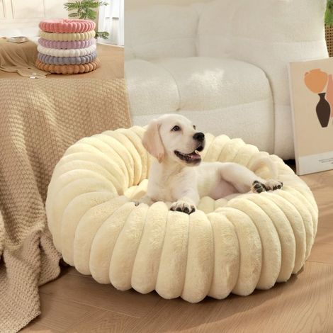 Kleiner runder Hunde-/Katzenkorb aus weichem Cord, rutschfester Boden, beige (1/5)