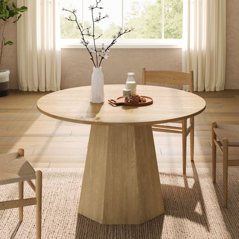 OKMYHOME Mesa de comedor redonda 120 cm para 4-6 personas, estilo nórdico, color roble, MDF (1/5)