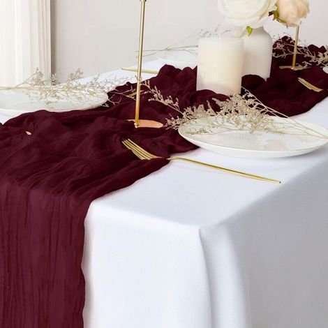 Chemin de table en tulle bordeaux, 90 x 400 cm, tulle semi-transparent, style bohème, idéal pour les mariages et les réceptions (1/5)