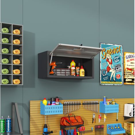 Armario metálico de pared con puerta abatible y cerradura, 75 x 34,5 x 30 cm, negro y gris, OKWISH (1/5)