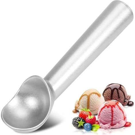 Cuillère à glace, 18 cm, antiadhésive, antigel, monobloc, aluminium, robuste et durable, facile à nettoyer, pour glace, pâte à biscuits, sorbet et amandes (argent) (1/4)