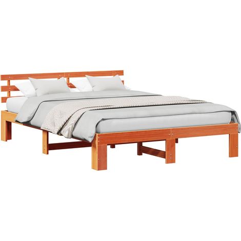 Lit double Lit adulte Cadre de lit avec tête de lit Brun cire 160 x 200 cm Pin massif (1/5)