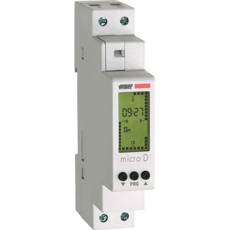 Interrupteur horaire numérique 230V AC – Programmation quotidienne – 48 cavaliers – Écran LCD rétro-éclairé – Montage sur barre DIN 1 module – Vemer