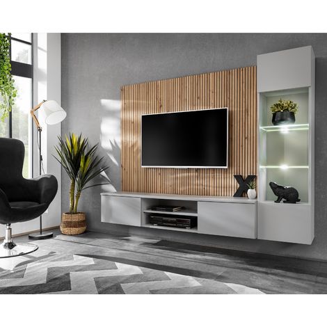 Ensemble meuble tv mural suspendu bois et gris GENES (1/5)