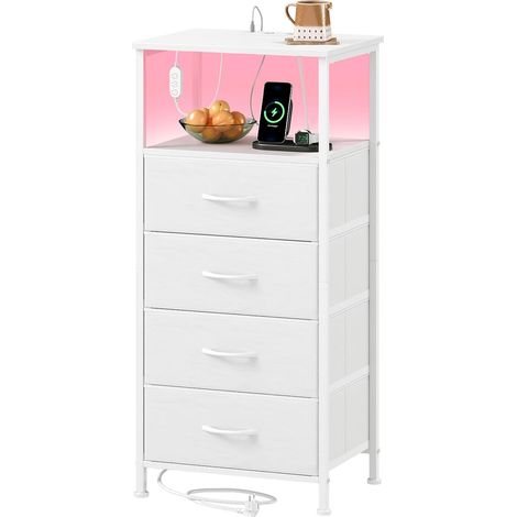 Table de Chevet Haute LED avec Prise, 4 Tiroirs en Tissu, Blanc (1/5)