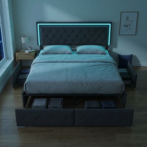 Lit adulte 160x200 avec sommier, 4 tiroirs, lit double avec Éclairage LED, lit capitonné avec tête de lit réglable, design scandinave(160x200cm, Gris) (1/5)