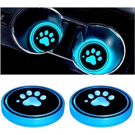 Éclairage porte-gobelets de voiture, ensemble 2 pièces : sous-verres, tapis porte-gobelets, éclairage LED porte-gobelets 7 couleurs changeantes, motif empreinte de pied (1/5)
