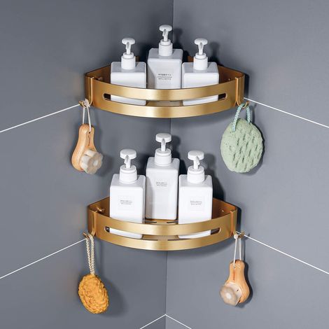 Set aus 2 Eck-Badezimmerregalen in gebürstetem Gold, mit Haken, Wandmontage (Bohren oder Kleben)