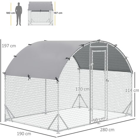 Enclos poulailler argent métal 280x190x197cm couverture anti-UV porte, volière extérieure pour 4 à 6 poules et petits animaux du jardin (1/5)