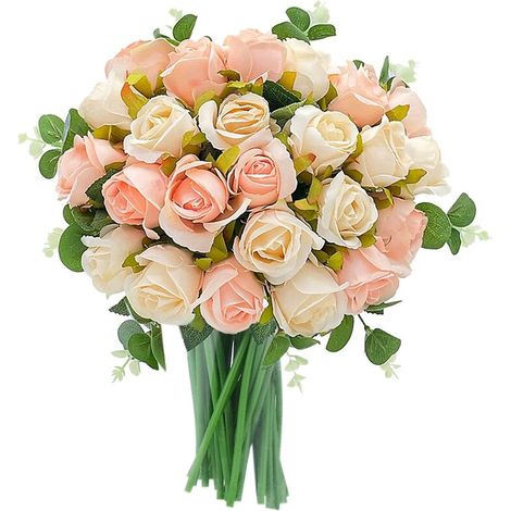 Bouquet de 24 roses artificielles avec tiges et feuilles d'eucalyptus, fleurs de mariage en vrac ()-AquaForge (1/5)