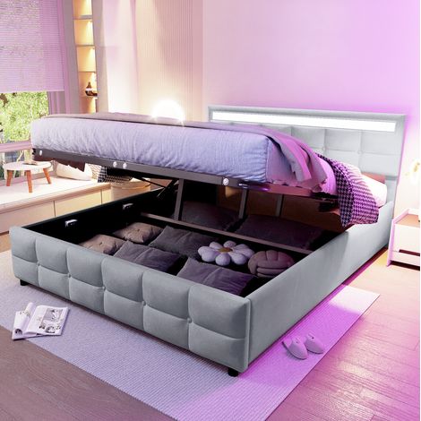 Letto imbottito 180x200 cm grigio velluto olandese con LED e rete a doghe (1/5)