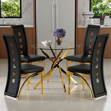 Ensemble table salle à manger 88 cm verre trempé + 4 chaises noires similicuir perforé géométrique – moderne minimaliste (1/4)