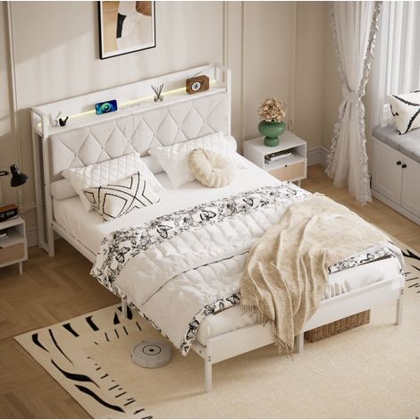 Letto imbottito 140 x 190 con stazione di ricarica, testiera LED, bianco, OKWISH (1/5)